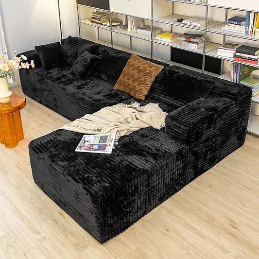 Black sectional couches for Living Room Corduroy Couch，104" Cloud Sectional Couch with L-Shape Chaise， Modern Modular Sofa, Deep Seat Comfort, No Assembly Required(Plush Corduroy Fabric)