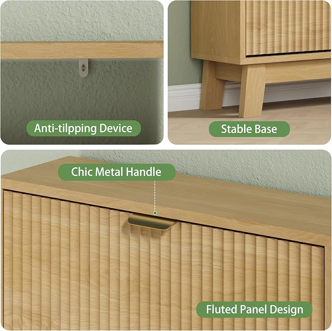 Xixini Shoe Cabinet with 3 Flip Drawers, 54" Tall Narrow Fluted Shoe Storage Organizer for Entryway, Hidden Slim Wooden Shoe Rack Cabinet for Front Door Entrance, Hallway, Living Room, Natural Oak - Image 4
