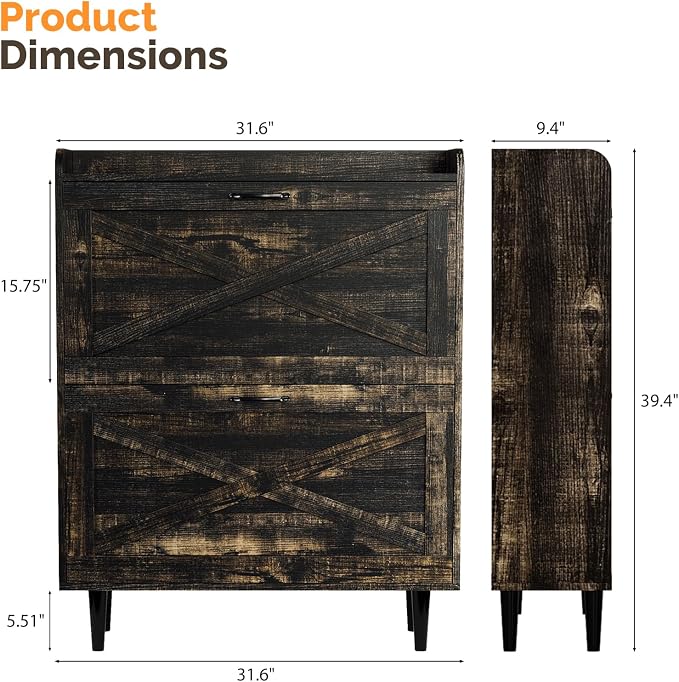 VINGLI Shoe Storage Cabinet for Entryway with 2 Flip Drawers, Ultra Slim Freestanding Entryway Shoe Organizer with Wood Tapered Legs,Hidden Closed Shoe Rack,31.6"W * 9.4"D * 39.4"H, Dark Rustic Oak - Image 2