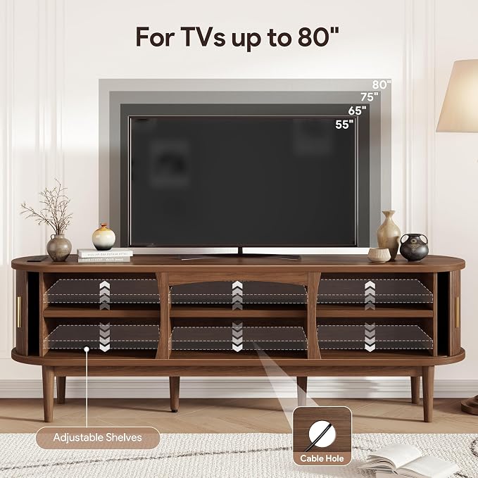Decofy Mid Century TV Stand for TVs up to 80 Inches, Entertainment Center with Storage, Power Outlet, Fluted Sliding Doors & Adjustable Shelves, Modern Media TV Console Table for Living Room (Walnut) - Image 3
