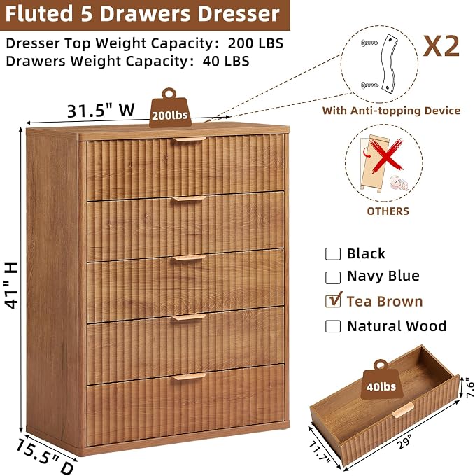 LEYAOYAO Fluted 5 Drawers Dresser for Bedroom, 41" Tall Modern Chest of Drawers with Metal Handle, Curved Profile Design,Brown Wood Drawer Organizer for Bedroom, Living Room, Hallway, Entryway - Image 2