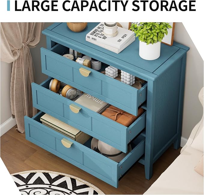 31.5" Wide Wood Nightstand with 3 Drawers, Modern Storage Cabinet with Solid Wood Legs & Golden Handles, Large Accent Table for Bedroom, Blue, 2 PC - Image 3