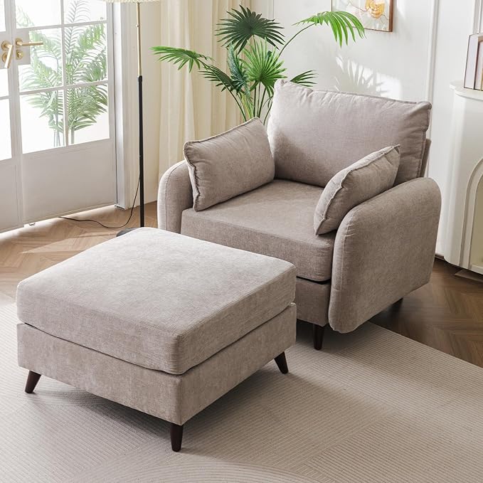 Rexulqo Oversized Accent Chair with Ottoman,All Seats Storage,Comfy Armchair,24.5'' Deep Seat,Upholstered Living Room Chairs,Reading Chair,Lounge Chair for Bedroom,Office,Chenille,Khaki
