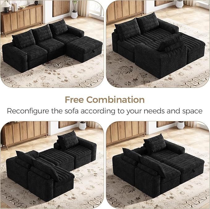 106.7" Modular Sectional Sofa with Deep Seat, L Shaped Cloud Couch for Living Room, 3-Seater Modern Boneless Sofa with Movable Ottomans, Removable Cover, No Assembly Required, Graphite Black