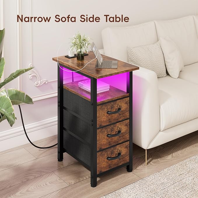 Vagusicc Set of 2 Nightstand with Charging Station and LED Lights, Narrow End Table, LED Nightstand with 3 Fabric Drawers for Bedroom, Narrow Side Table, Slim Sofa Side Table for Small Spaces, Brown - Image 8
