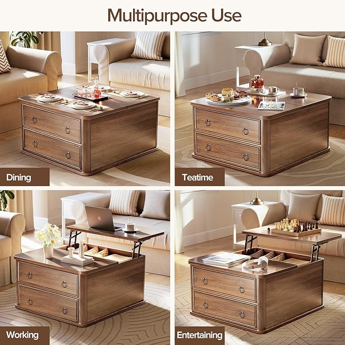 31.5" Lift Top Coffee Table with Storage,Square Coffee Tables with Lifting top for Living Room,Farmhouse Coffee Table with Large Drawers and 2 Hidden Compartment,Walnut