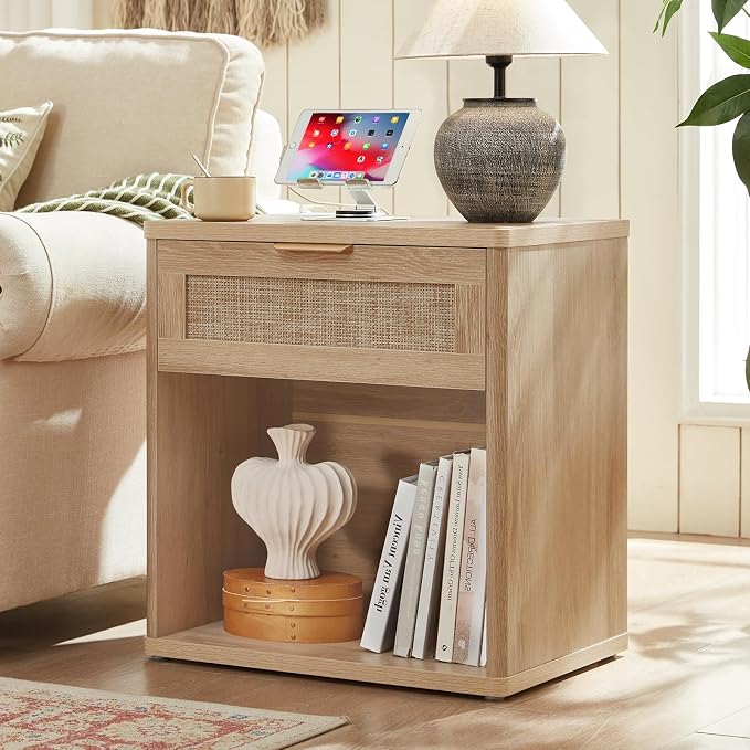 LEYAOYAO Rattan Nightstands Set of 2 with Charging Station, 23" Wide Boho Night Stand with Drawer, Natural Wood Bedside Table Open Cabinet, Bed Side End Table Dresser for Bedroom, Living Room, Hallway - Image 9