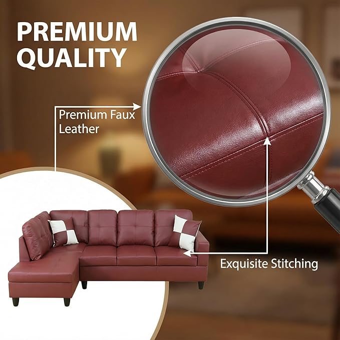 103.5 Inch Modern L-Shaped Couch, Faux Leather Sectional Sofa with Chaise Lounge, 4-Seater Couch with Accent Pillows for Living Room, Apartment, Dark Red