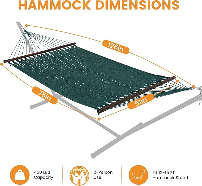 Lazy Daze Hammocks 10.5 FT Double 2 Person Caribbean Rope Hammock, Hand Woven Polyester Hammock with Spreader Bars, for Outside Outdoor Backyard Patio Poolside, 450 LBS Capacity, Green - Image 6