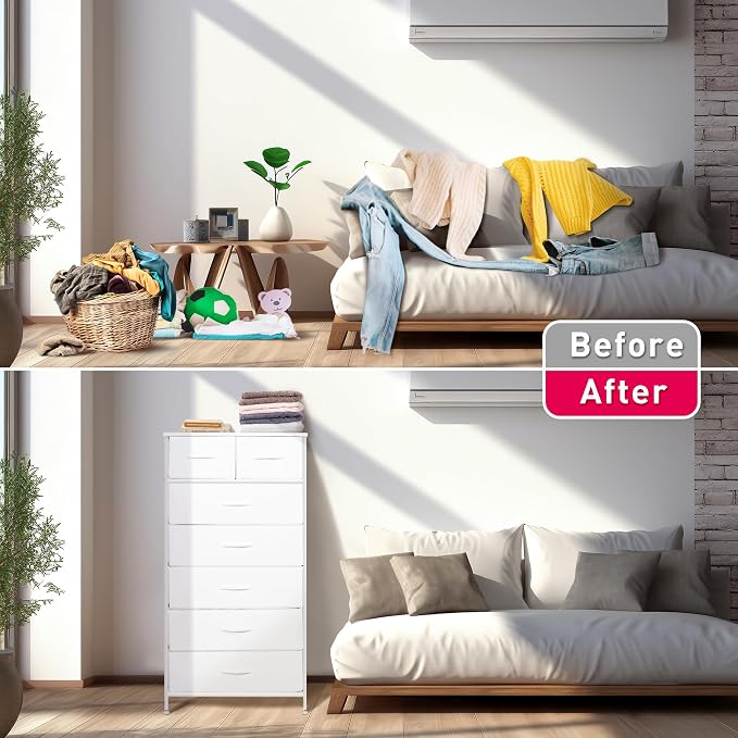 Mifuro Tall Dresser for Bedroom, Vertical Storage Organizer Tower with 7 Drawers, Chest of Drawers with Fabric Bins, Steel Frame, Wood Top for Bedroom, Closet, Entryway- White - Image 6