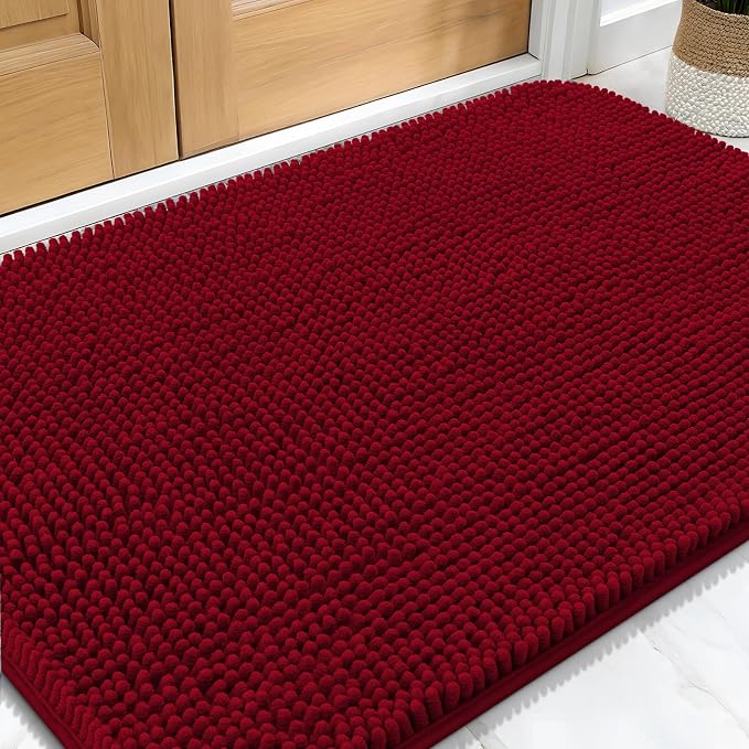 OLANLY Dog Door Mat for Muddy Paws 32x20, Absorbs Moisture and Dirt, Absorbent Non-Slip Washable Doormat, Quick Dry Chenille Mud Mat for Dogs, Entry Indoor Entryway Carpet for Inside Floor, Red by OLANLY