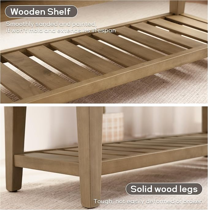 Entryway Bench with Cushion, Upholstered Shoe Rack Bench with Solid Wood Shelf, 44" End of Bed Bench for Bedroom, Chenille Fabric Storage Bench for Entryway, Hallway, Living Room (Grey) - Image 5