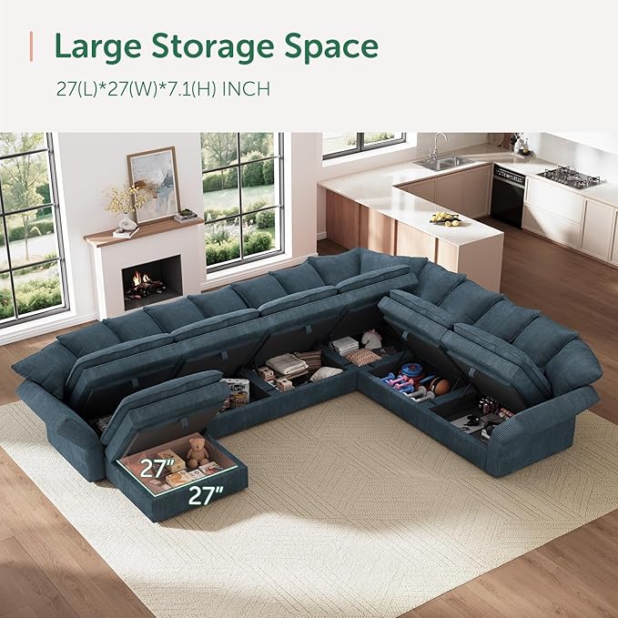 HONBAY Modular Sectional Sofa with Ottoman, 7 Seat U Shaped Couch with Storage & Pillows, 137 Inch Oversized Sectional Sofa for Living Room, Blue