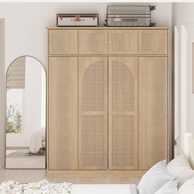 4 Doors Large Armoire Wardrobe Closet with Rattan Doors, 70.87" Tall Freestanding Wooden Closet Wardrobe Cabinet with Hanging Rod and Adjustable Shelves, Clothing Storage Cabinet for Bedroom, Natural