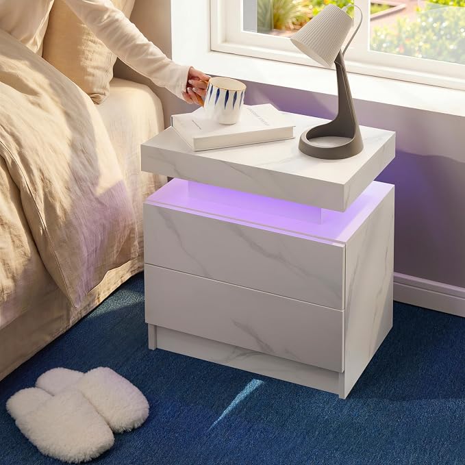 i-aplus Night Stand with 2 Drawers LED Night Stand for Bedroom Modern Bedside Table Bedroom Nightstand - Image 5