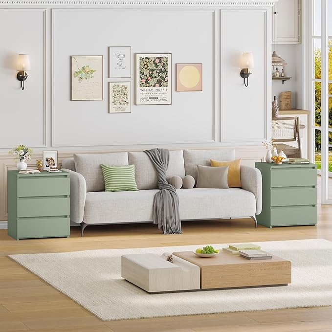 FOTOSOK Nightstand Set of 2 White Nightstand with 3 Drawers, White Bedside Table Night Stand for Bedroom with Cut-Out Handle, Sofa Side Table for Bedroom, Green - Image 4