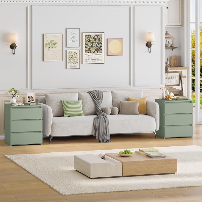 FOTOSOK Nightstand with 3 Drawers, Bedside Table Night Stand for Bedroom with Cut-Out Handle, Sofa Side Table 3 Drawer Nightstand for Bedroom, 17.7W*15D*21.7H, Green - Image 4
