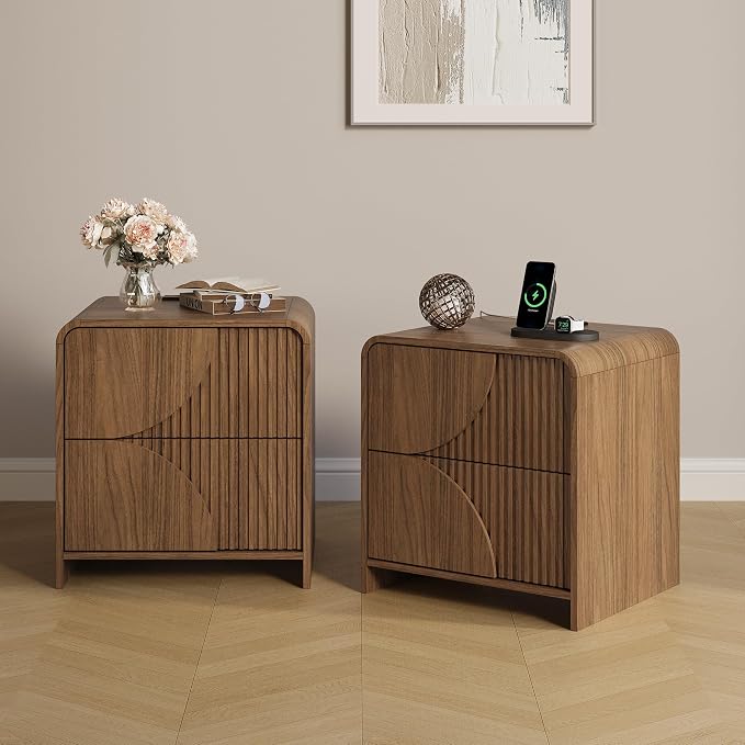 Nightstand Set of 2,Fluted Nightstand with Charging Station, 20" Side Table with 2 Drawers Modern Night Stand Wooden End Table Bedside Table with Curved Design for Bedroom,Walnut by TROJMHome