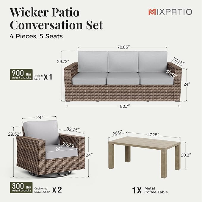 Patio Furniture Set, 4 Pieces Outdoor Furniture Sets, Wicker Rattan Conversation Sets with 2 Swivel Chairs and 47'' Coffee Table, High Back Outdoor Conversation Set Garden Backyard, Grey