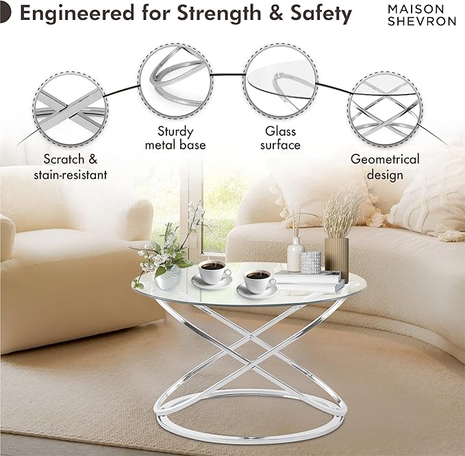 Modern Silver Round Glass Coffee Table – 26.7” Tempered Glass Top & Luxe Chrome Cross-Leg Base – Stylish Accent Table for Living Room, Apartment or Condo – Easy Setup – Space-Saving & Statement-Making