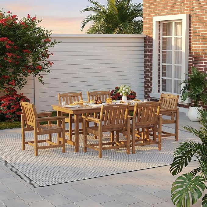 Mdeam 7-Piece HIPS Outdoor Dining Set, 66.9" Wood Texture Patio Table with Umbrella Hole, 440LBS Capacity, 6 Wider Chairs, Dining Table Set for 6, Outdoor Furniture with Galvanized Steel Frame, Teak - Image 8