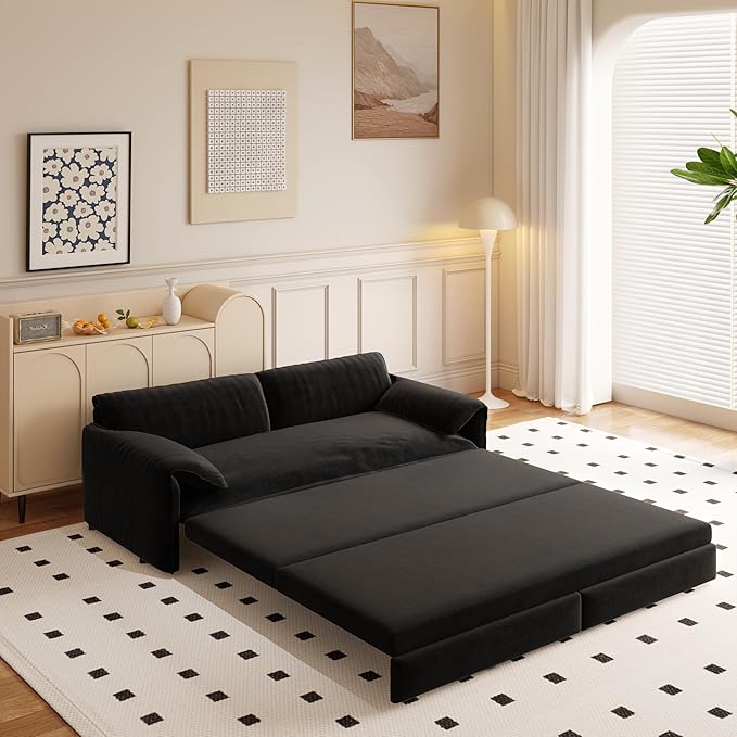 Eafurn 66" Convertible Sofa Bed Queen Size, 3-in-1 Pull Out Sleeper Couch Sofabed, Modern Velvet Loveseat Chaise Lounge w/Side Storage Pocket for Living Room Office | Removable Cushions