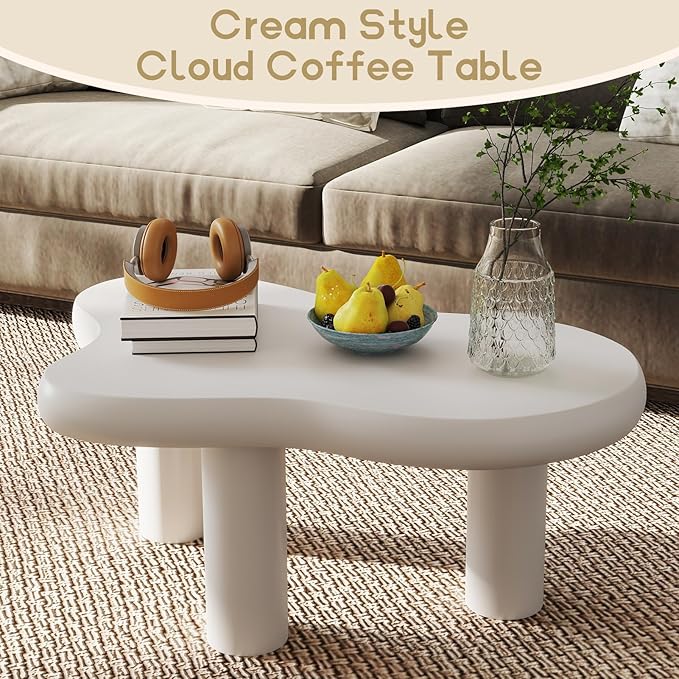 HollyHOME 34" Cloud Wood Coffee Table - 3-Leg Modern Accent Center Table for Living Room Bedroom Balcony Patio, Cream White