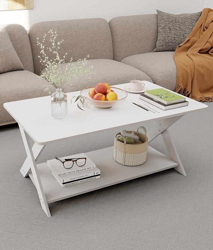Modern Coffee Table with Storage Shelf, Simple Rectangular Tea Tables for Living Room Bedroom Home Office White