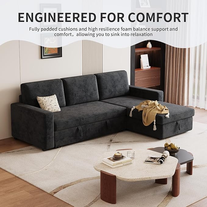 81.5" Convertible L Shaped Sleeper Sofa, 3-Seat Pull Out Sectional Couch with Storage Chaise & Removable Cushions, Chenille Fabric for Small Living Room Apartment, Dark Gray