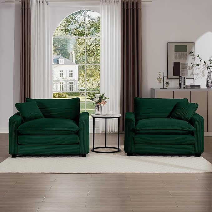 KEIKI 2-Piece Sofa Set with 2 Oversized Corduroy Single Sofa, Upholstered Modern 2-Seater Lounge Accent Chair Set with 2 Pillow, High-Density Foam Cushions, Removable Armrests, for Living Room, Green