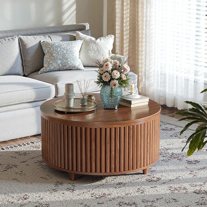 Evermagin 31.5'' Walnut Round Coffee Table, Fluted Lift Top Coffee Table with Large Storage, Mid Century Modern Small Center Table for Living Room