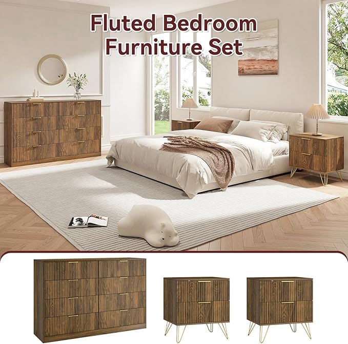 8 Drawer Dresser and Nightstand Sets for Bedroom, 3 Pcs Bedroom Set，Night Stand Set of 2 & 8 Drawer Dresser with Gold Handles, Modern Wood Chest of Drawers Storage Cabinet Set, Natural