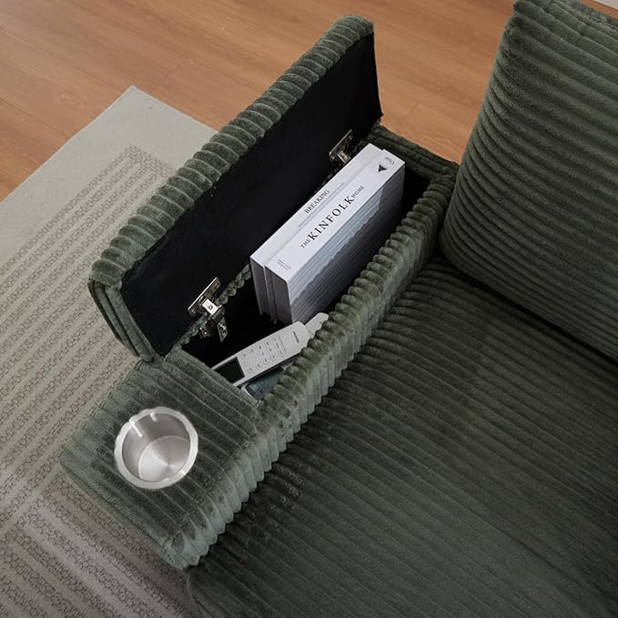 KEIKI Oversized Accent Chair with Ottoman, Chaise Lounge Chair Indoor with Handrail Storage, Cupholders, Oversized Sofa Bed, Deep Seat Sleeper Couch Reading Chairs for Living Room, Dark Green