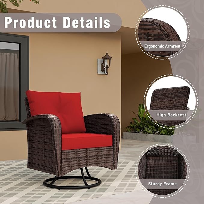 4 Piece Patio Conversation Set - 2 Swivel Chairs 1 Coffee Table 3-Seater Sofa, PE Wicker & Steel Patio Furniture with Heavy-Duty Steel Frame,Weatherproof Cushions, Red
