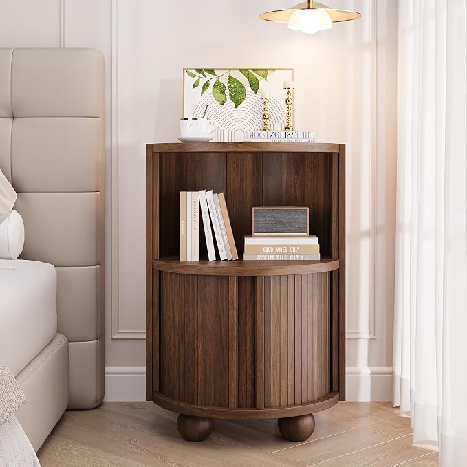 Decofy Modern Round Nightstand with Sliding Doors and 2 Storage Shelves, Modern Bedside End Table,Suitable for Bedroom (Walnut) by Decofy