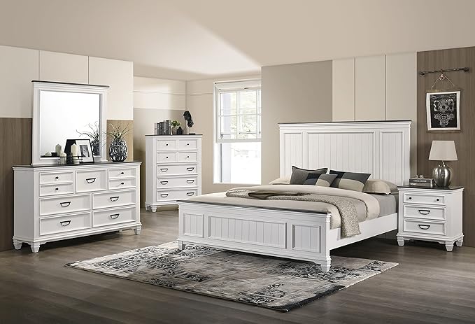 Clelane Wood Bedroom Set with Shiplap Panel Queen Bed, Dresser, Mirror, Two Nightstands, and Chest in Weathered White and Dark Gray