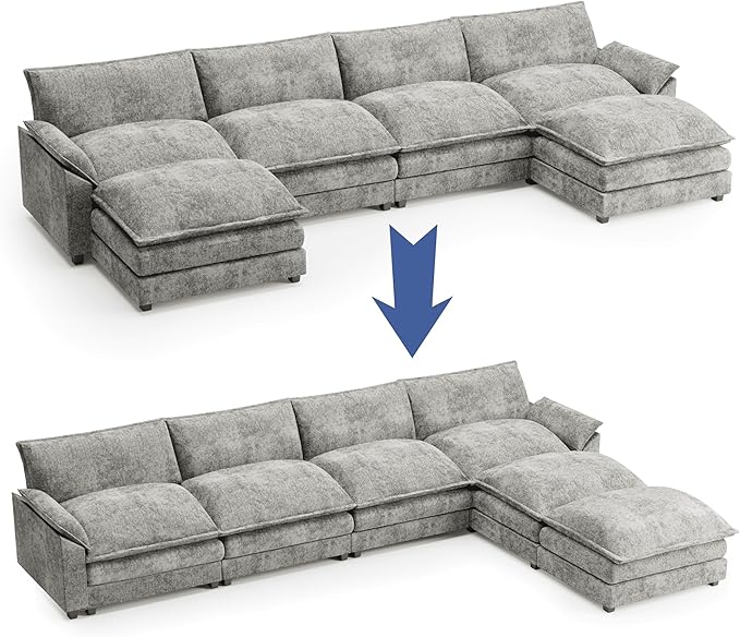 Shahoo Couches for Living Room, Sectional Modular Sofa U Shaped Chenille Fabric Couch with High Supportive & Soft Sponges and Removable Ottoman, Sleeper Comfy Upholstered Couch, Grey