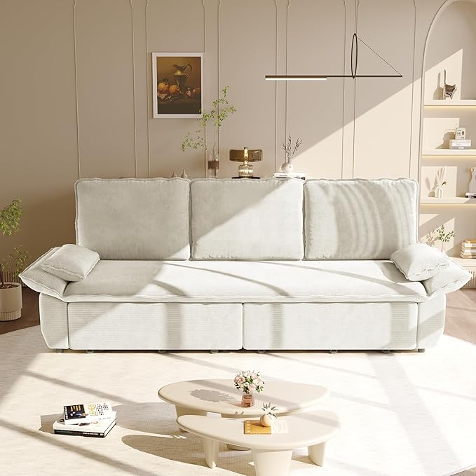 KEIKI 94.5" King-Size 3-in-1 Convertible Sleeper Sofa, Oversized Pull-Out Couch with Cloud-Style Deep Seat, Corduroy Reclining Loveseat for Home Theater & Family Living