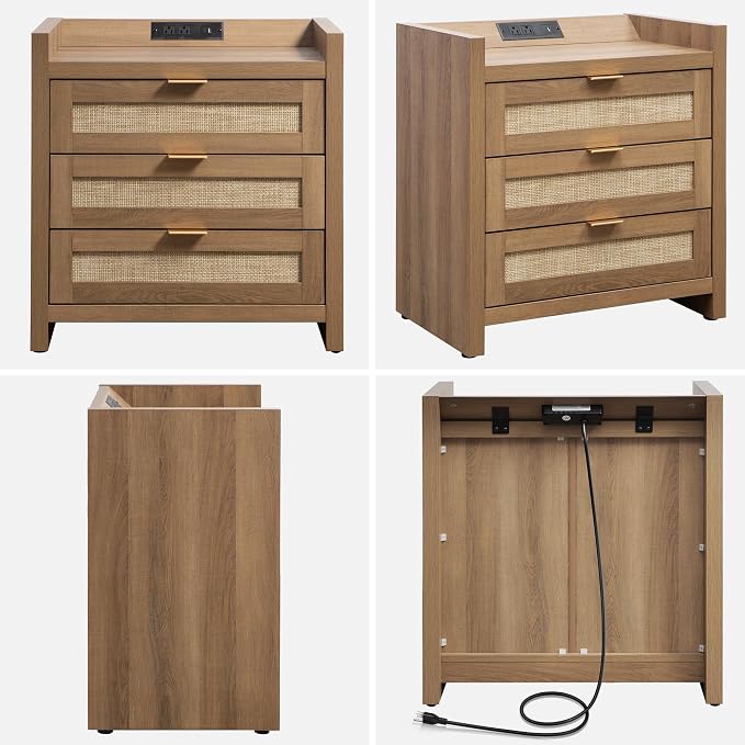 SICOTAS Larger Rattan Night Stand - Tall Nightstands with Type-C Charging Station, 3 Rattan Drawers, Boho Bedside Table End Table with Storage for Bedroom Sofa Couch Office - Oak - Image 8