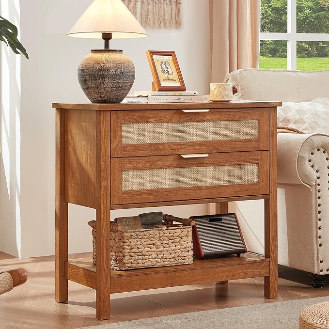 LEYAOYAO 31.5" Wide Rattan Night Stand, Large Boho Nightstand, Bedside Table with Storage, Tall Bed Side End Tables, Chest of Drawers for Bedroom, Living Room, Hallway（Brown,2 Drawers,2） - Image 5
