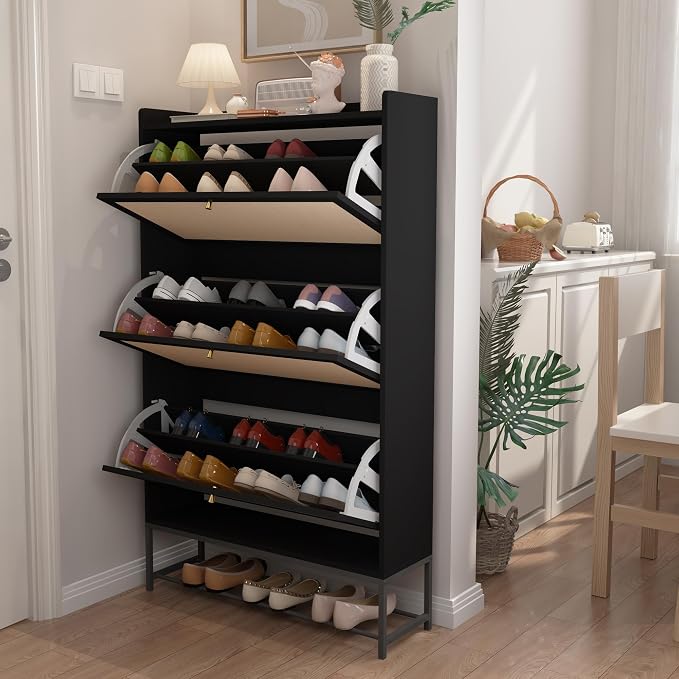 AVZEAR Shoe Cabinet, Shoe Cabinet Freestanding Tipping Bucket Shoe Rack Organizer with 3 Flip Drawers, Modern Entryway Narrow Shoe Rack for Entryway, Hallway, Bedroom (Black) by AVZEAR