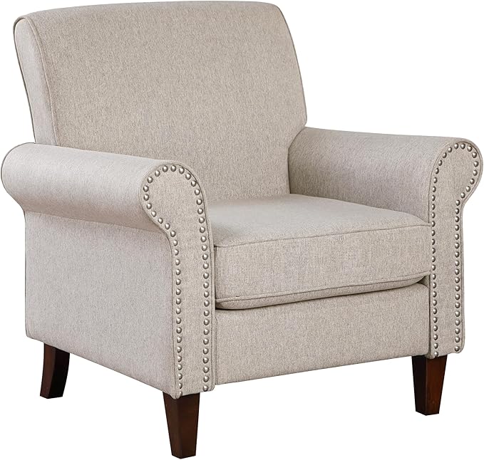 Prilinex Upholstered Living Room Chair Set of 2 - Large Comfy Fabric Accent Chair Single Sofa with Cushion, Rolled Armrest & Nailhead Trim, Mid Century Farmhouse Armchair for Bedroom, Office, Beige