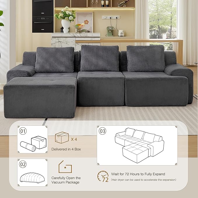 Modular Sectional Sofa, 6 Seat Modular Couch, Modular Sofa with Deep Seat and Detachable Pillow (Grey, 4 Pieces-L Shape)