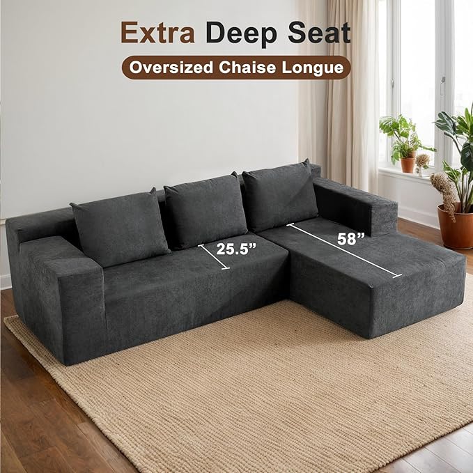 103" Boneless Sectional Couch with Right Chaise, Modular L Shaped Couches for Living Room, Large Gray Minimalist Modern Deep Seat Floor Sofa, No Assembly