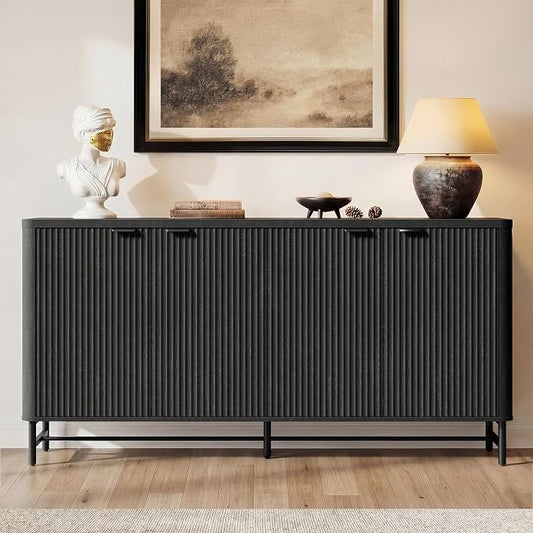 Fatmok 65" Buffet Cabinet with Storage, Fluted Credenza Sideboard with 4 Doors & Adjustable Shelves, Large Coffee Bar Console Table for Dining Room, Living Room, Entryway, Black Grey by Fatmok