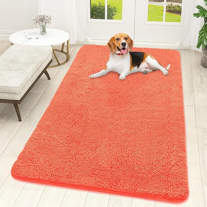 OLANLY Dog Door Mat for Muddy Paws 59x32, Absorbs Moisture and Dirt, Absorbent Non-Slip Washable Doormat, Quick Dry Chenille Mud Mat for Dogs, Entry Indoor Entryway Carpet for Inside Floor, Coral by OLANLY