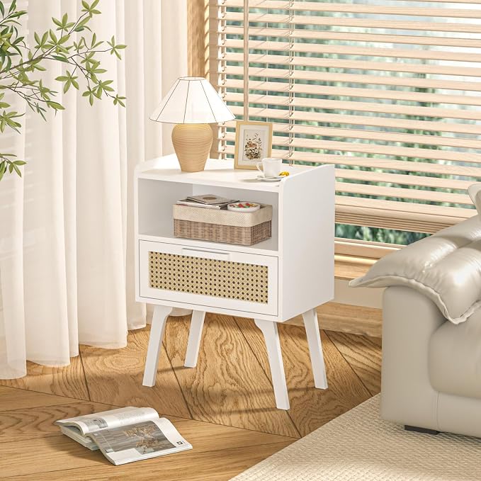 Lerliuo Rattan Nightstands Set of 2, Bedside Table with Drawer Open Shelf, Cane Accent Side End Table with Solid Wood Legs, White Mid Century Night Stand for Bedroom, Dorm and Small Spaces - Image 6