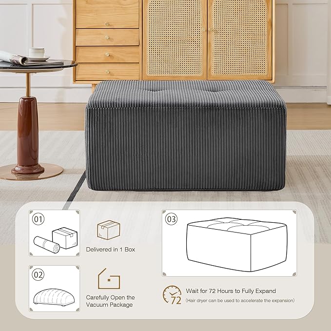 Modular Sectional Sofa, Boneless Couches for Living Room, Corduroy Couch, Big Comfy Couch, Modular Cloud Sofa with Deep Seat (Grey, 1 Piece-Ottoman)