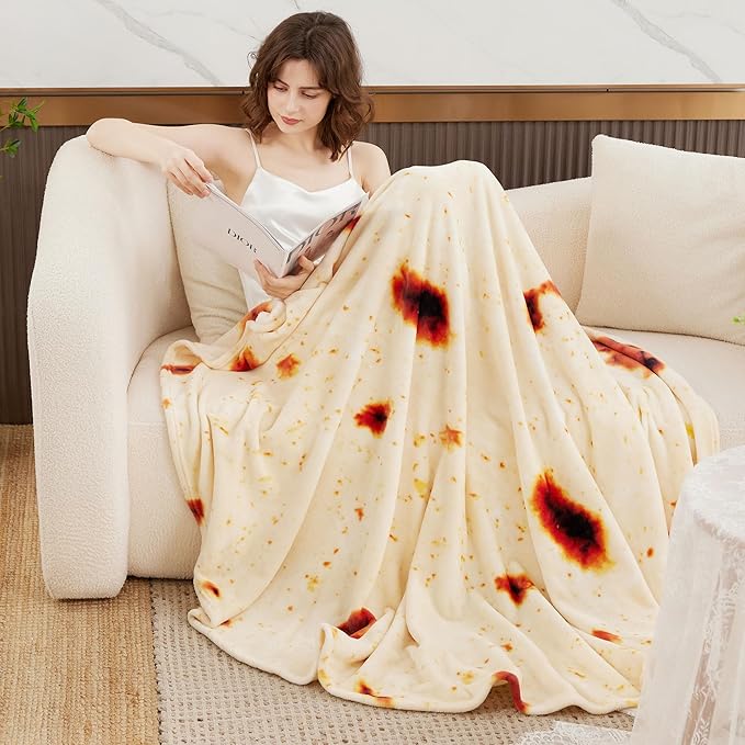 LetsFunny Burrito Tortilla Throw Blanket, 72in 2.0 Double Sided Burritos Taco Tortilla Wrap Blankets for Adults Kids, Giant Funny Realistic Food Blankets, Soft Flannel Round Throw Blanket