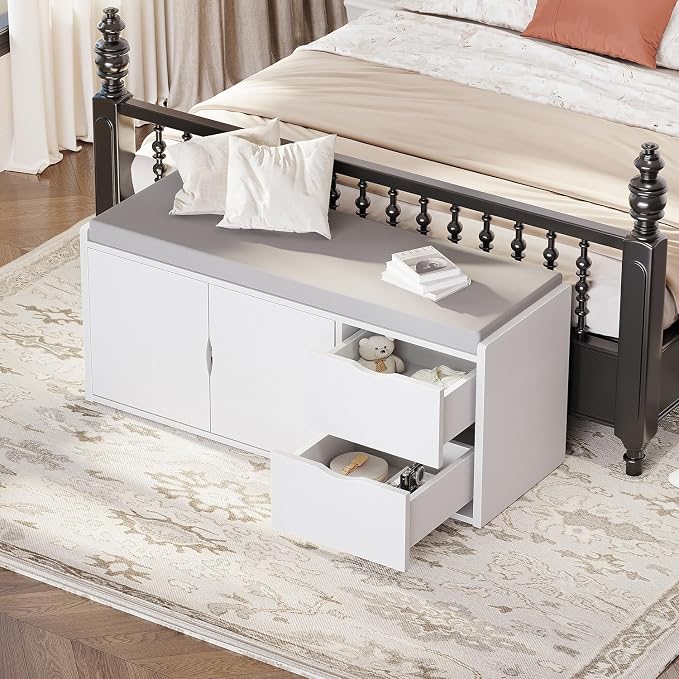LVB Storage Entryway Bench, Long Shoe Bench with Drawers Storage Shelf, Modern Entry Way Bench with Padded Cushioned Seating, Wood Shoe Rack Benchs for Foyer Entrance Living Bedroom, White Oak, 40in - Image 7